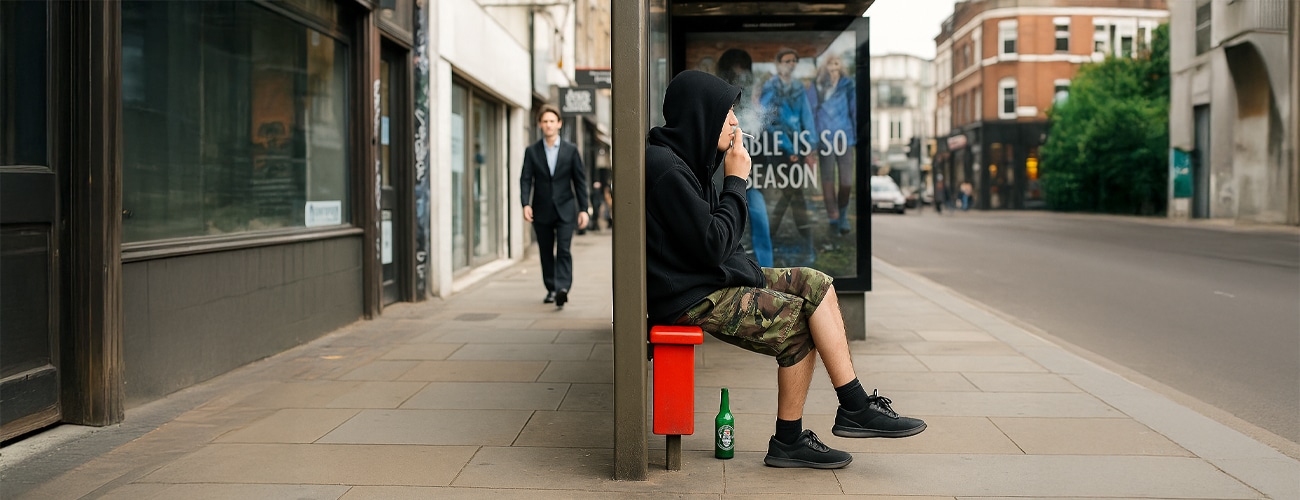 man vaping at bus stop